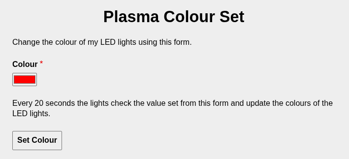 The old version of the plasma colour set form, showing some description text and the colour selection dialog, currently set to red.
