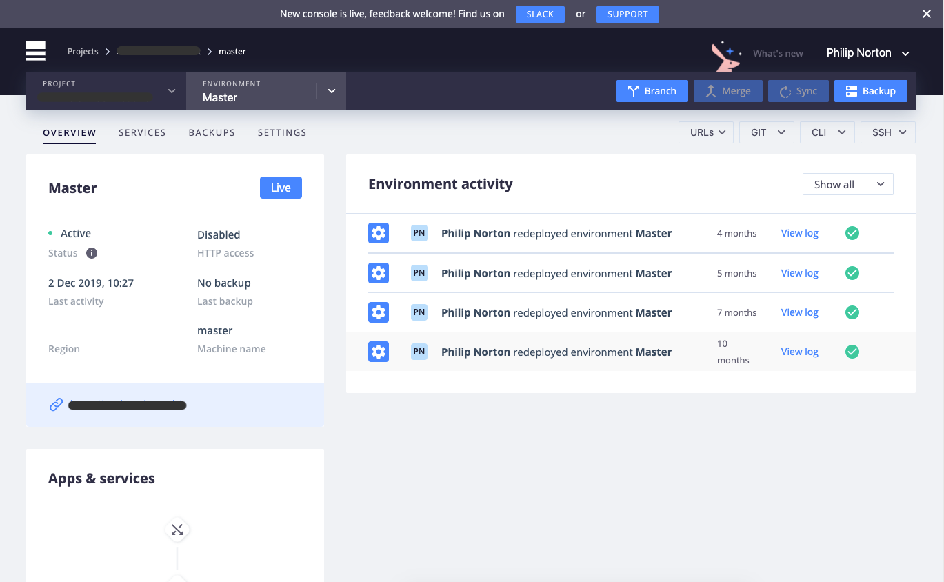 Platform.sh dashboard.