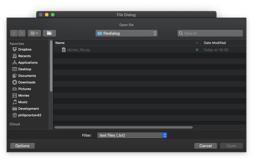 A Python Tkinter program, showing an opened file dialog.