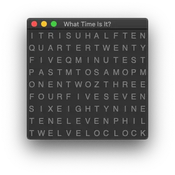 A Paython and Tkinter application showing the words needed to create the time, but without any time set.