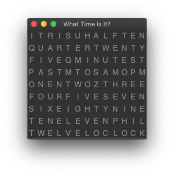 A Paython and Tkinter application showing the words needed to create the time, but without any time set.