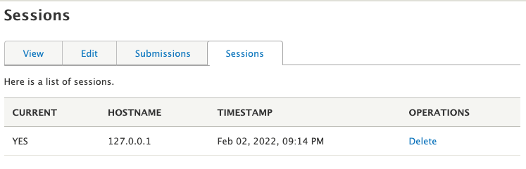 Screenshot of the list of sessions for a user, as created by the session inspector module.