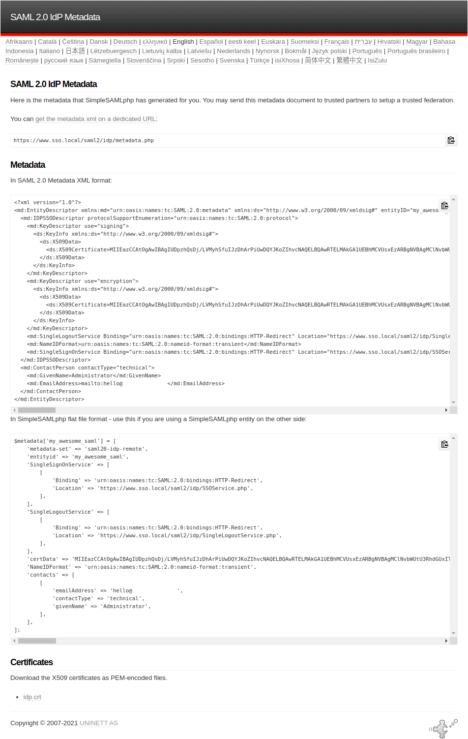 SimpleSAMLphp administration interface showing the IdP of a configured setup.