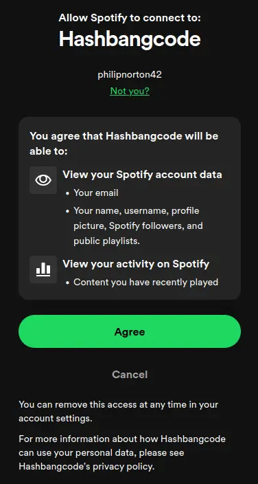 A screenshot of the Spotify application, showing the permissions being accepted.