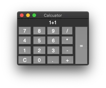 A Paython and Tkinter application showing a calculator with the sum of 1 plus 1.