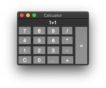 A Paython and Tkinter application showing a calculator with the sum of 1 plus 1.