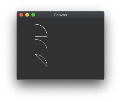 Tkinter Canvas showing the different types of arc element.