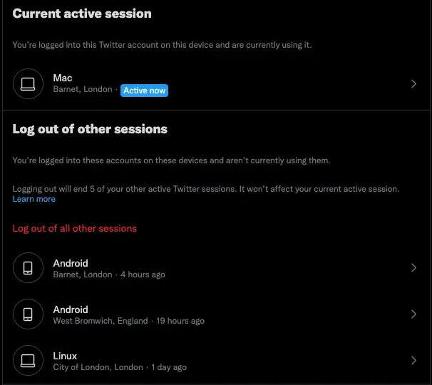A screenshot of Twitter, showing a user's most recent sessions.