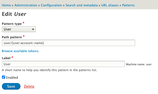 Drupal User pathauto settings.