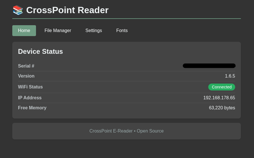 The CrossPoint reader web interface, showing the device status. Served from a real x4.