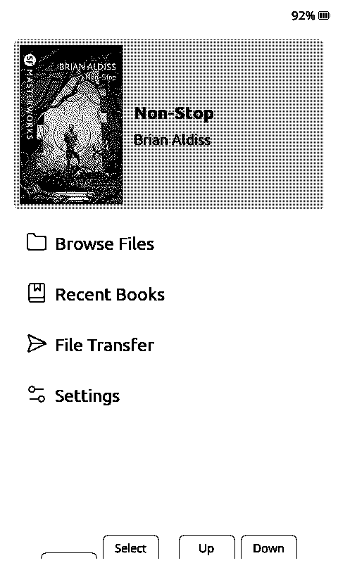 A screenshot of the CrossPoint firmwre. This shows the book Non-Stop by Brian Aldiss at the top. Followed by Browse Files, Recent Books, File Transfer and Settings as optins.