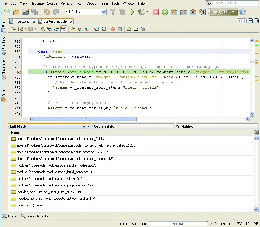 Inspecting the callstack in Netbeans