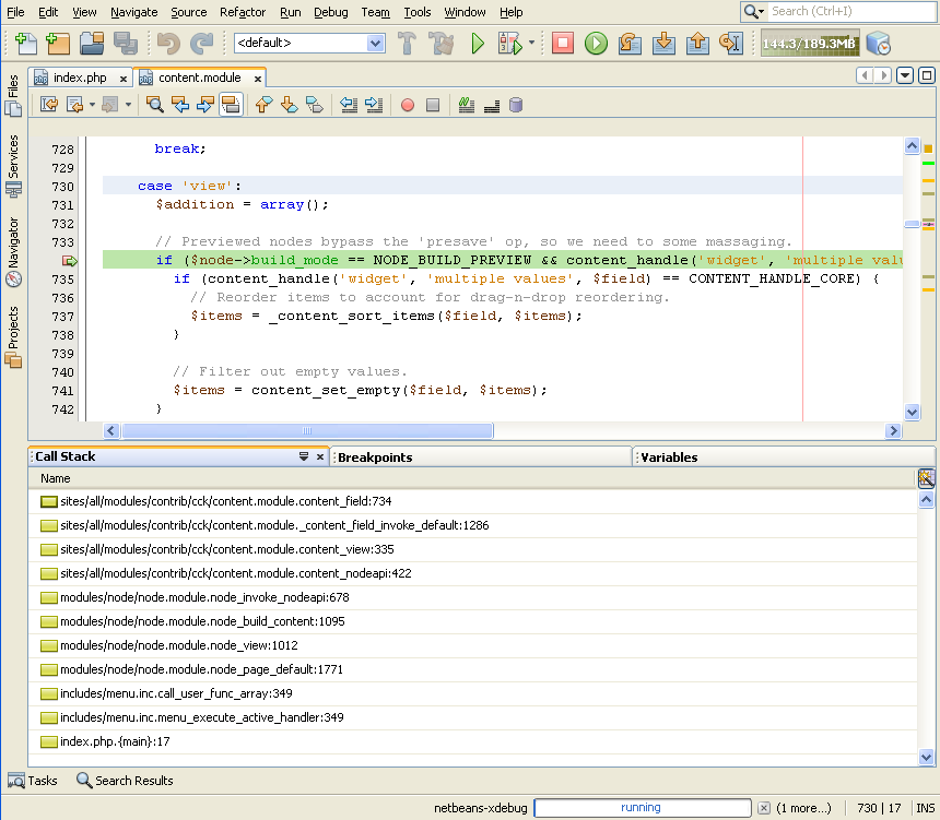 Inspecting the callstack in Netbeans