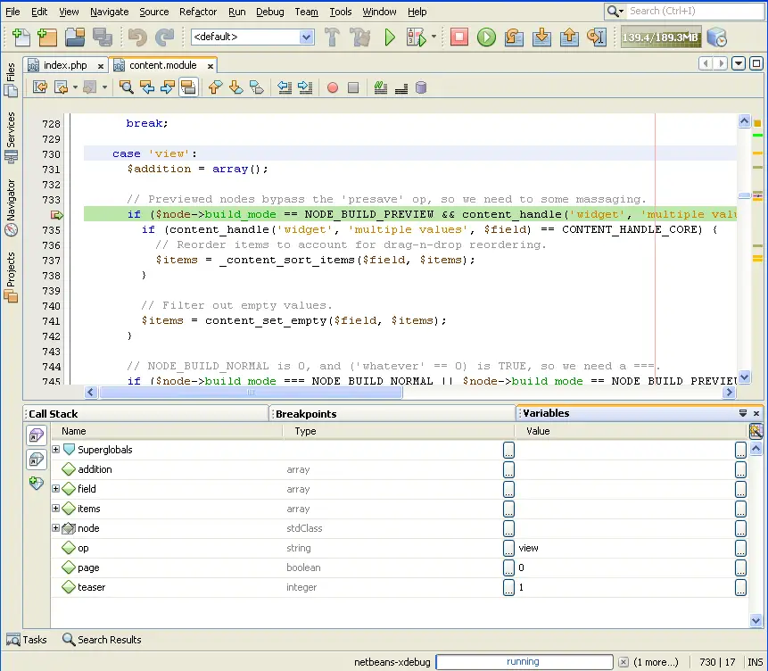 Inpecting variables in Netbeans